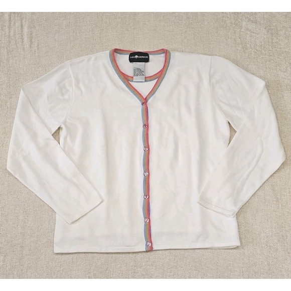 Sag Harbor Sweaters - VTG SAG Harbor White Layered Look Cardigan with Rainbow Pipping Measures Medium